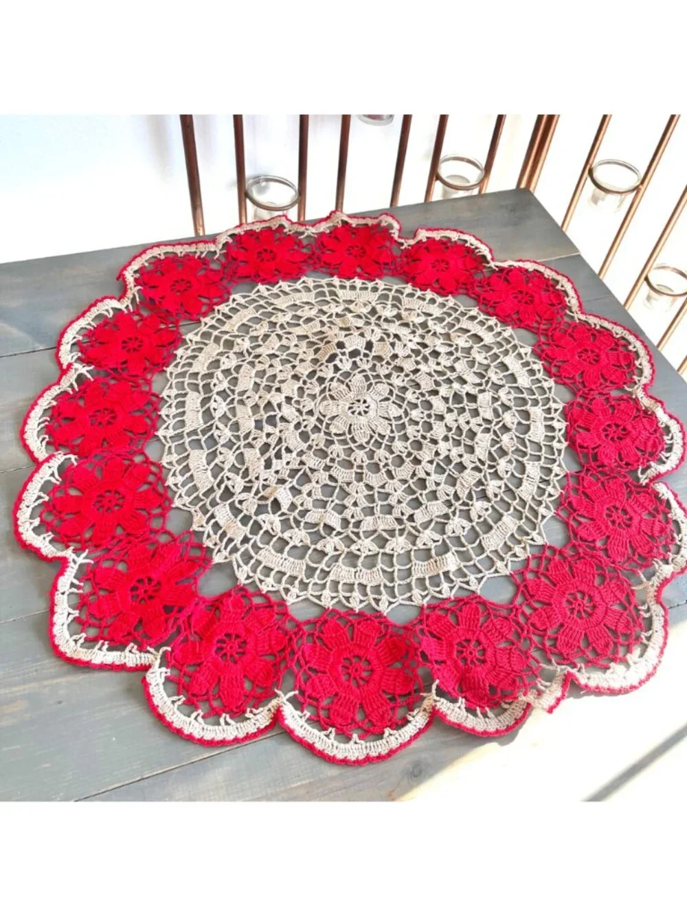 Vintage Handmade Round White and Red Cotton Crochet Lace Doily